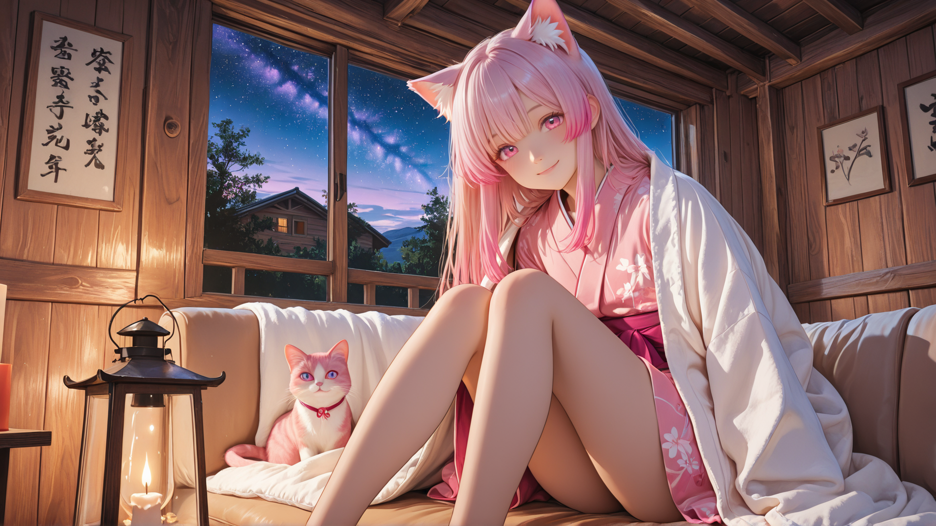 Mochi-chan, an anime catgirl with pink hair and cat ears, relaxing on a futon in a peach kimono inside a cozy wooden cabin beside her pink cat companion